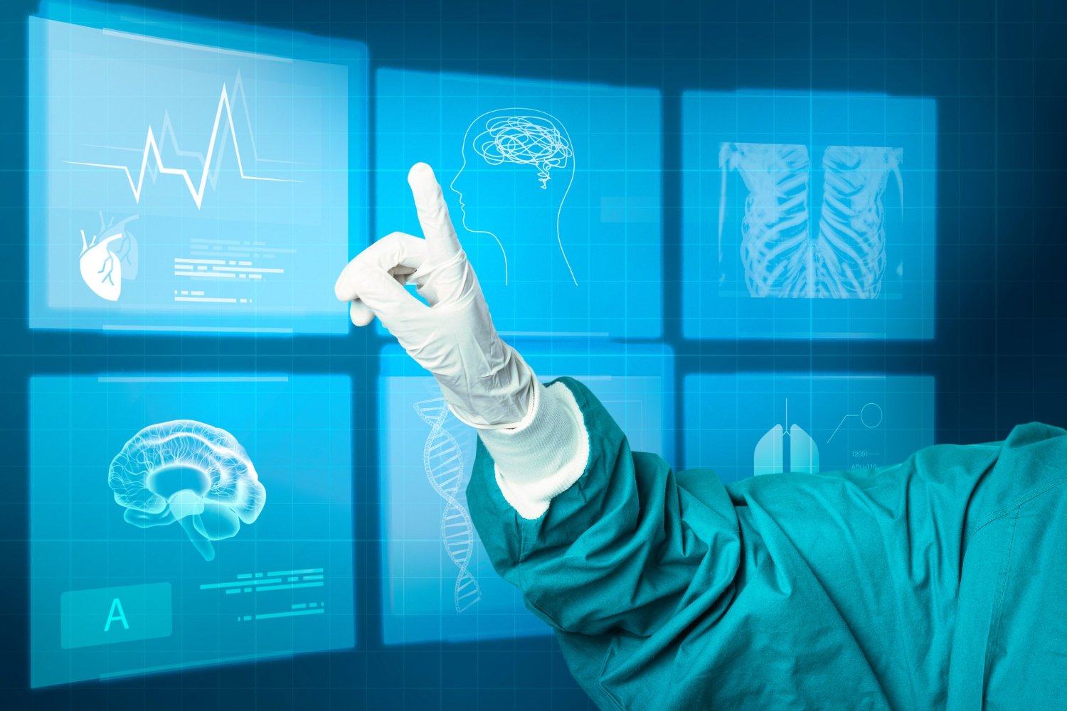 Gloved hand interacting with a digital medical imaging display