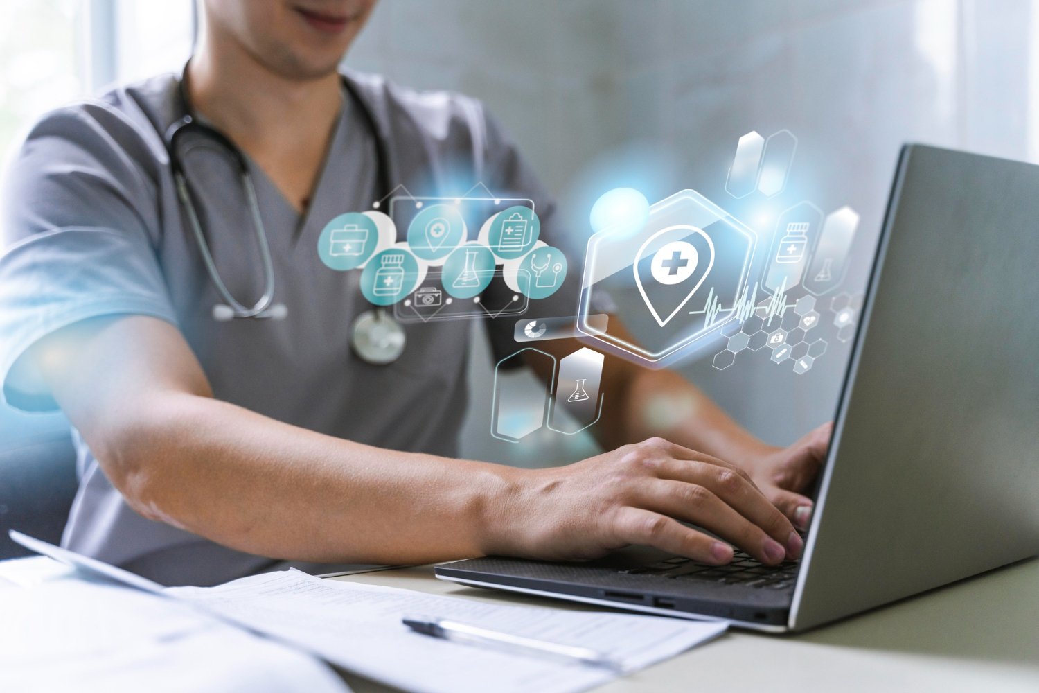 Doctor working on a laptop surrounded by digital health interface icons